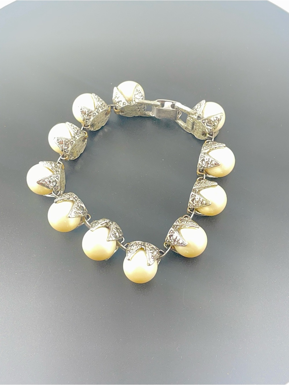 Pearl-Style Cream Bead Bracelet with Silver-Tone Accents